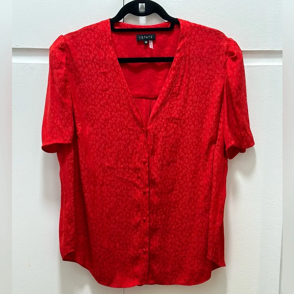 1 State | Red Leopard Puffy Sleeve Blouse - Picture 2 of 4